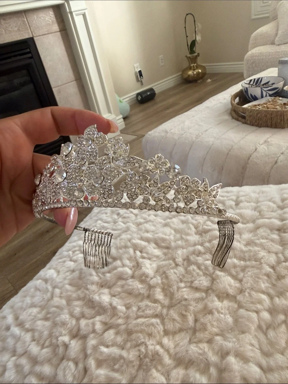 Silver Floral Crystal Tiara Headpiece for Women